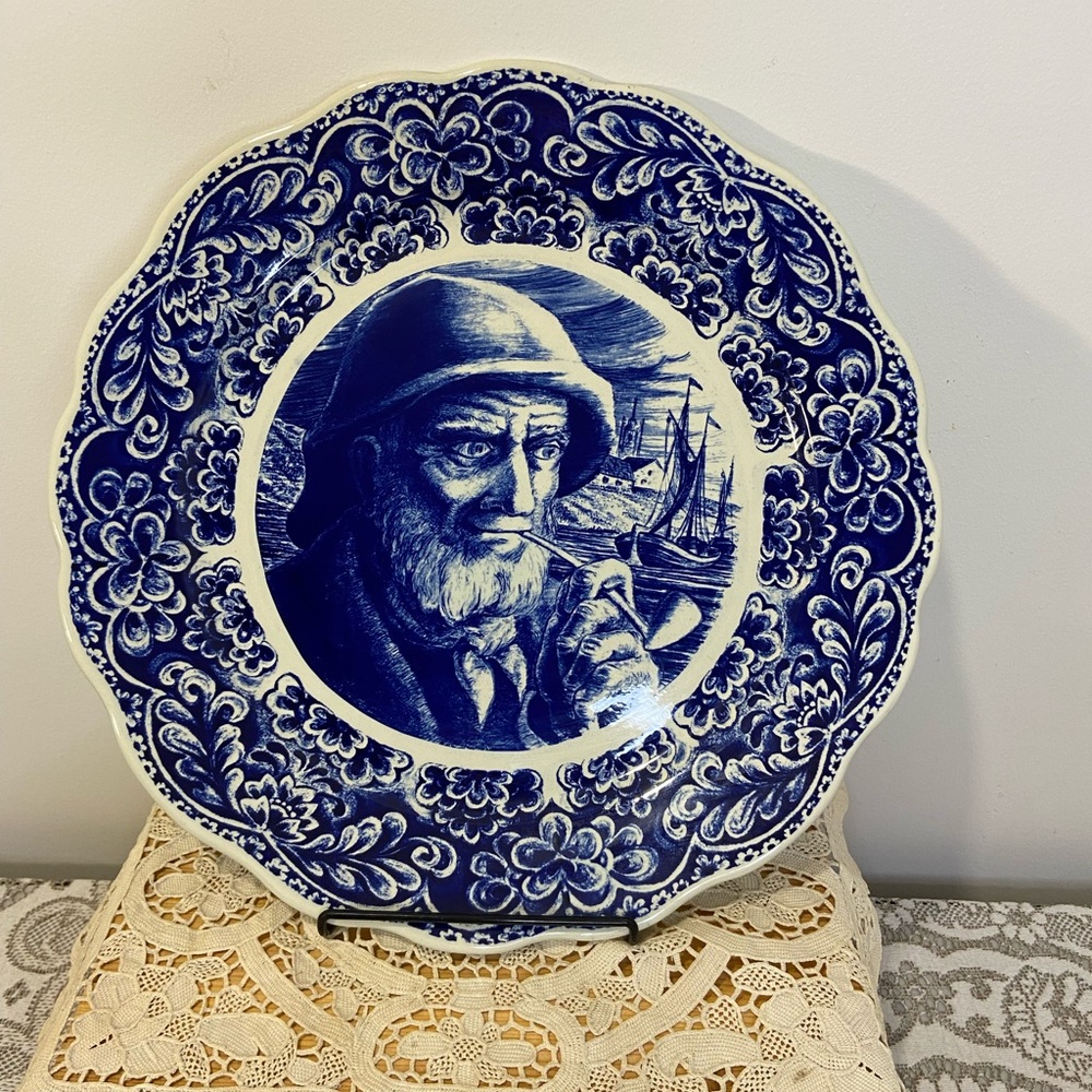 EXTRA LARGE 14” Boch Freres La Louviere Belgium Delft Blue “The Fisherman” Plate